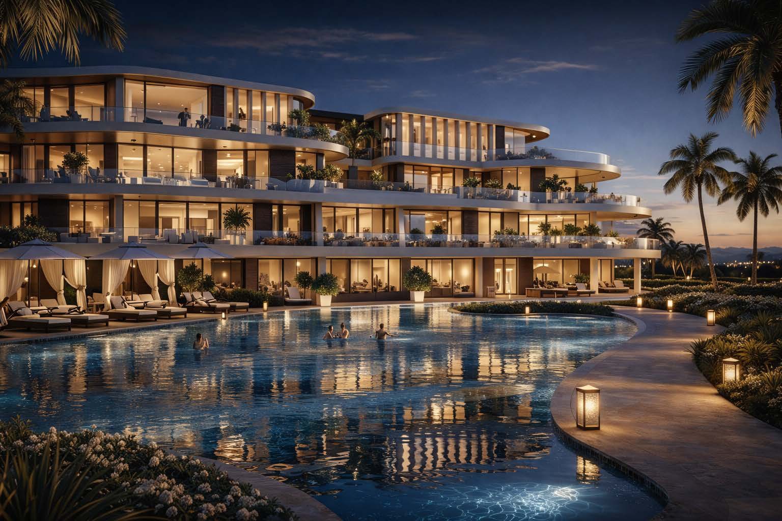 Vista nocturna de las residencias de ultra lujo en Puerto Banús