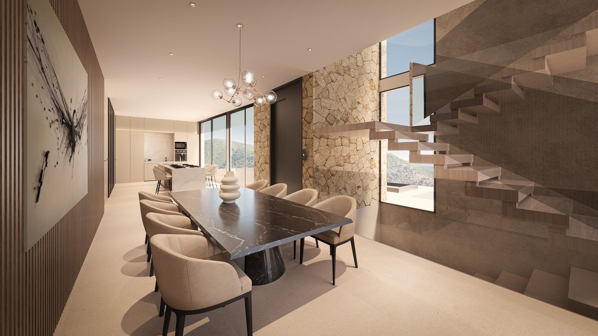 Comedor con muro de piedra y escalera volada de la villa en Roca Llisa