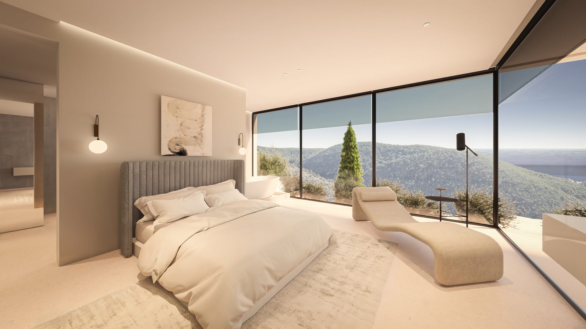 Dormitorio en suite con ventanal panorámico al bosque y al mar en Roca Llisa