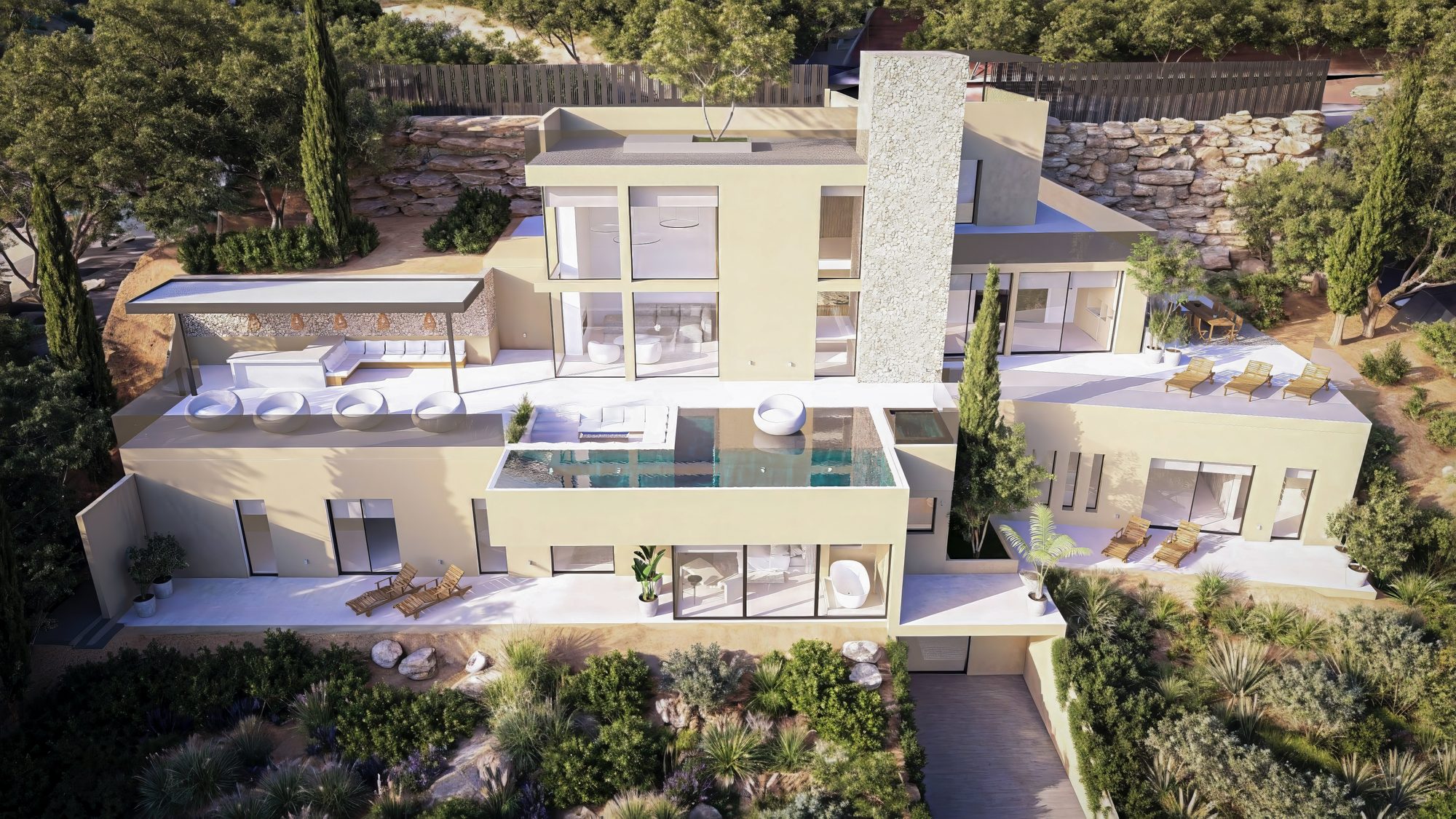 Vista aérea de la villa con piscina y terrazas en Roca Llisa, Ibiza